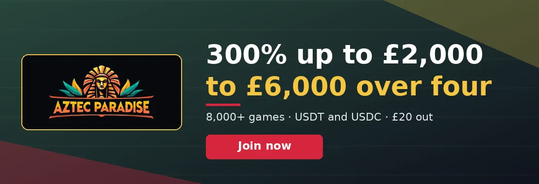 Aztec Paradise Casino: 300% up to £2,000, then up to £6,000 over four deposits