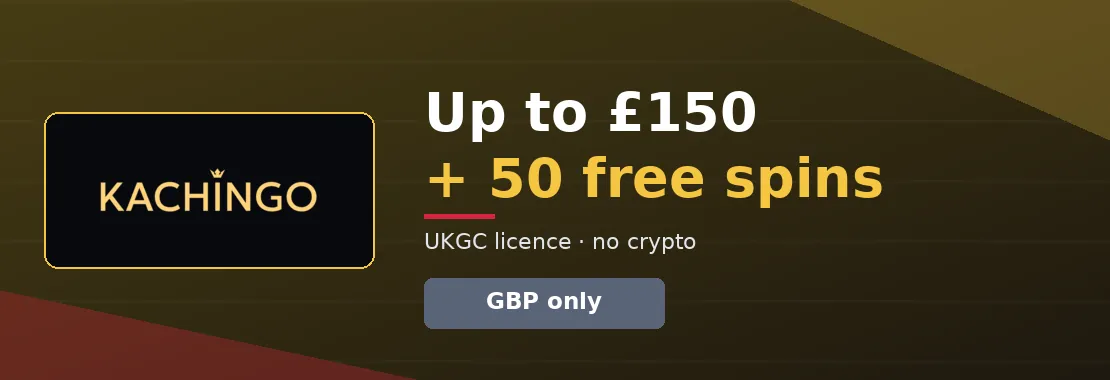 Kachingo Casino: 100% up to £50 + 20 spins, then 50% up to £100 + 30 spins – GBP only